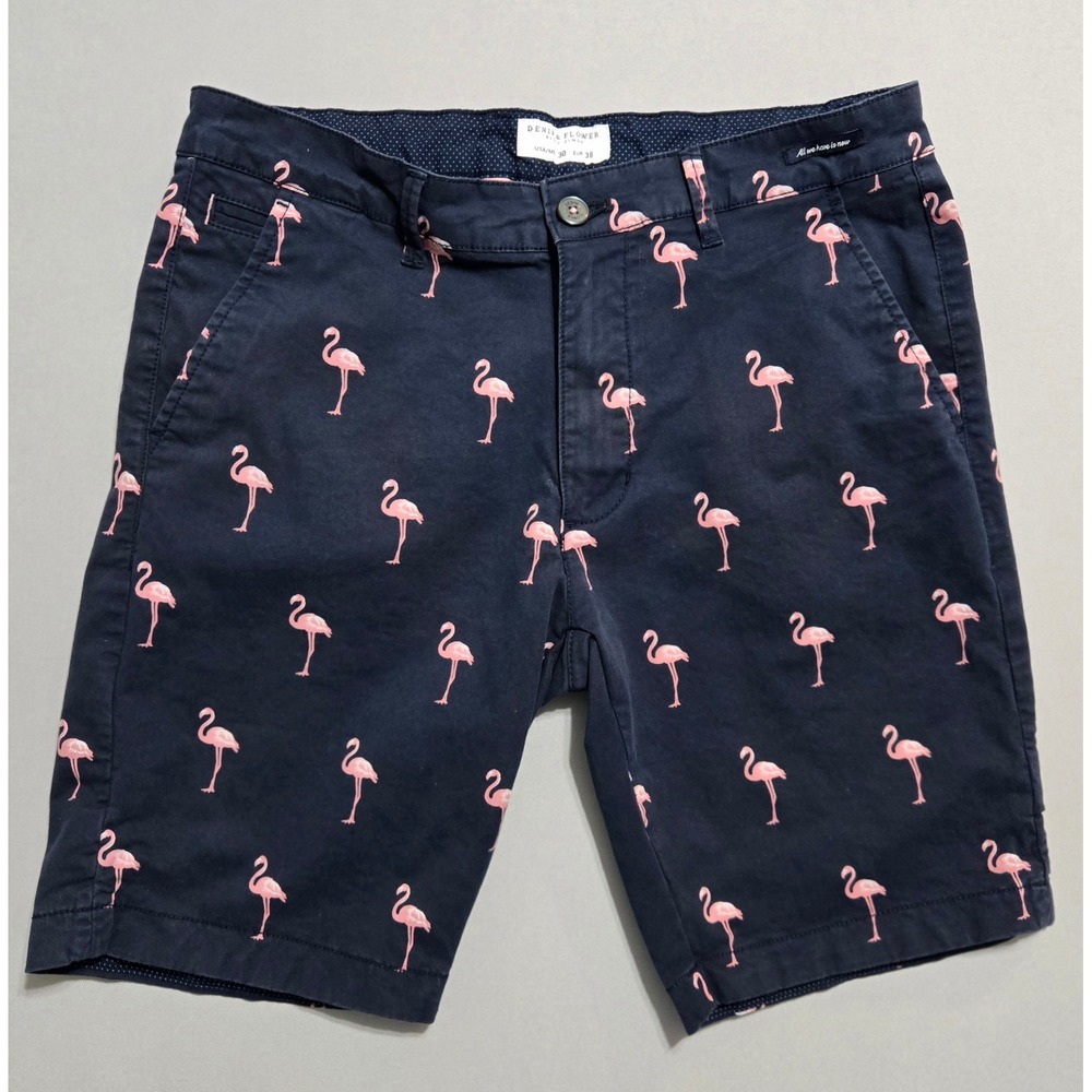 Denim & Flower Ricky Singh Flamingo Print Shorts Mens 30 Navy Chino